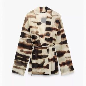 Zara Printed Belted Kimono Jacket in Cream, Brown, Black